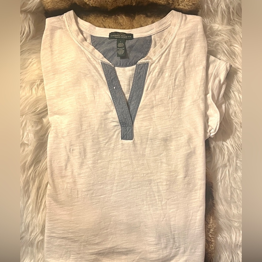 Lauren Jeans by Ralph Lauren Women’s White w/ Denim Short-sleeve Collared Shirt!